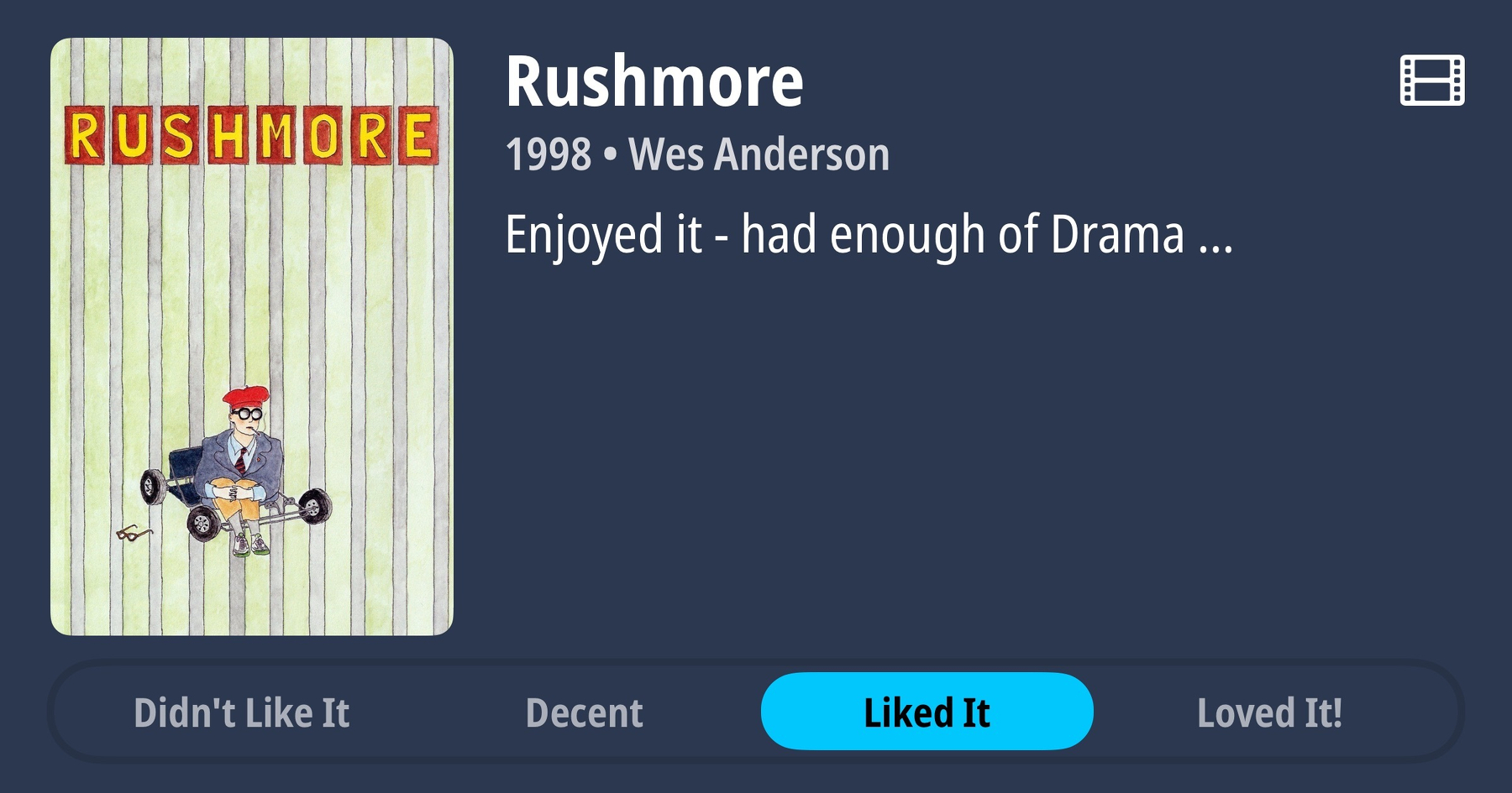 Cover art of the movie Rushmore by Wes Anderson from 1998 with a review rating it as Liked It.