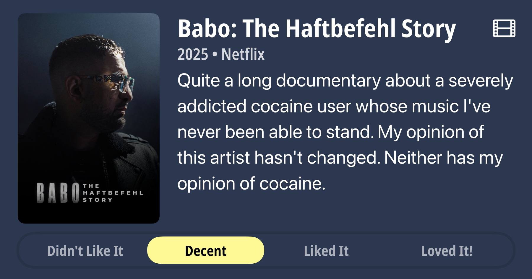 Quite a long documentary about a severely addicted cocaine user whose music I've never been able to stand. My opinion of this artist hasn't changed. Neither has my opinion of cocaine.