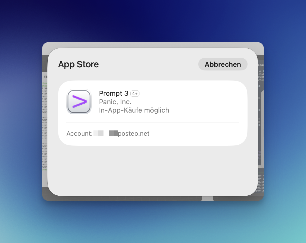 An app store interface displays details for the app Prompt 3 by Panic, Inc., with an option for in-app purchases but no buy / download button.